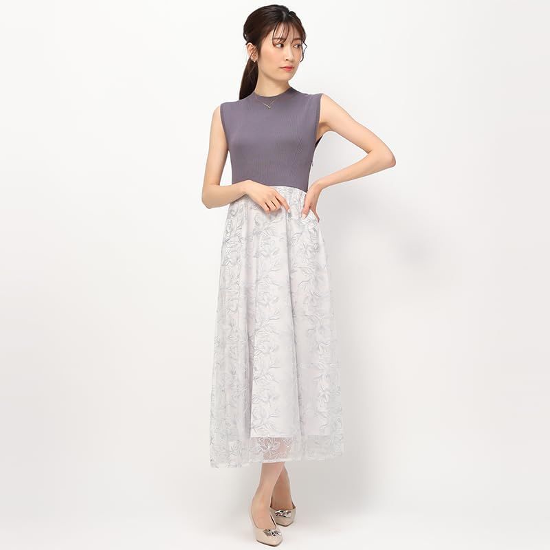 ミッシュマッシュ ワンピース レディース リブニット レース ドッキング 花柄 フ フレンチスリーブ フェミニン MM437402 GREY