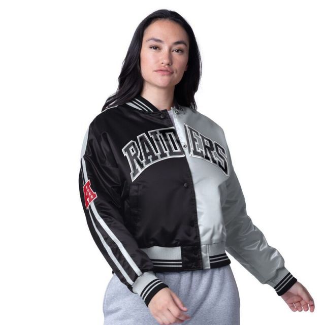 【送料無料】 スターター レディース ジャケット・ブルゾン アウター Women's Starter Black/Silver Las Vegas Raiders Zone Blitz Cropped Full-Snap Satin Jacket Lvr Bl