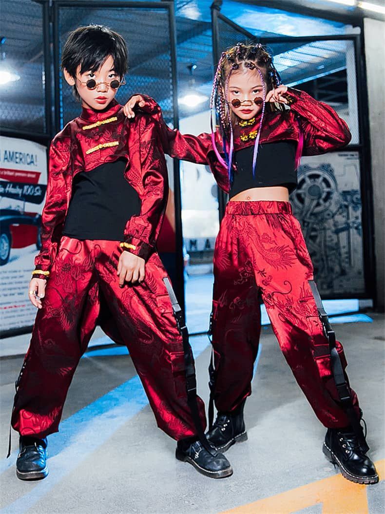 キッズダンス衣装 和風 ワインレッド 赤 セットアップ ジャズ