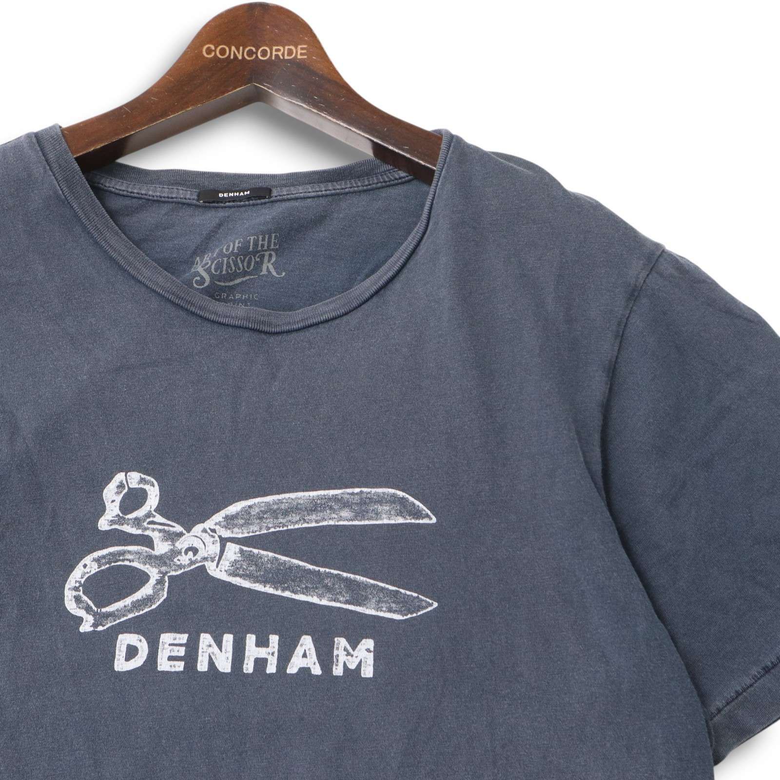 【DENHAM】美品！デンハム ロゴ鋏刺繍 高級チェック柄BDシャツ 紺 × 白 DENHAM デンハム 春夏 ハサミ プリント☆ 半袖 クルーネック