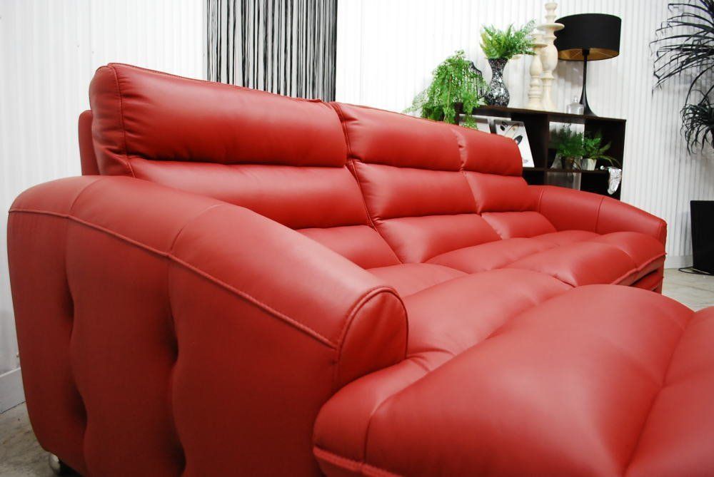 アウトレット 現品限り 一部 イタリア製本革使用 ラグジュアリーワイド L型 カウチソファ 赤 RED 3人掛け 4人掛