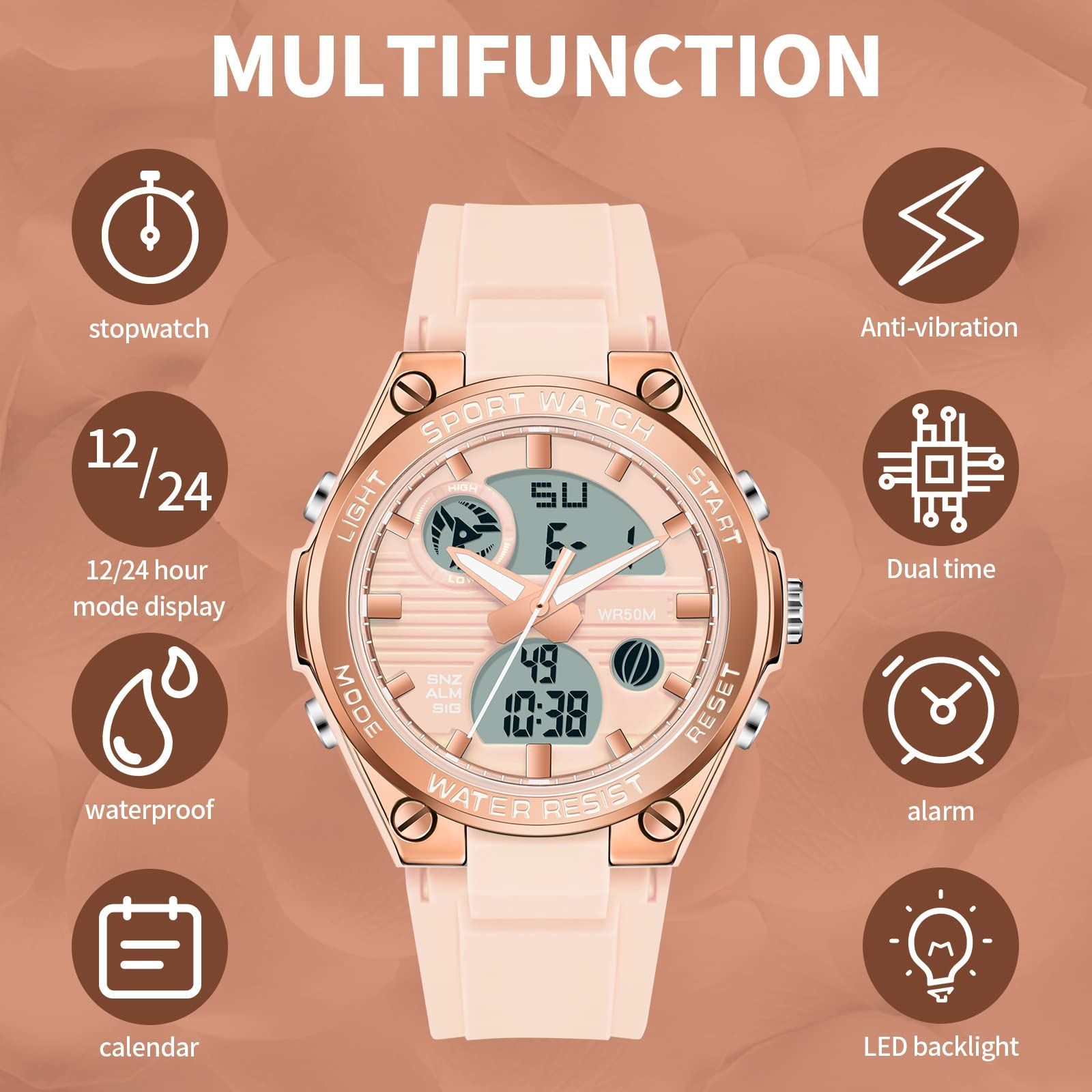  腕時計 レディース うで時計 防水 デジタル デュアルタイム watch for women カジュアル スポーツ 日常通勤 通学 夜光LED ストップウォッチ 目覚まし時計 アラーム 曜日カレンダー シリコン ゴムバンド プレゼント 腕時計 キッズファッション小物