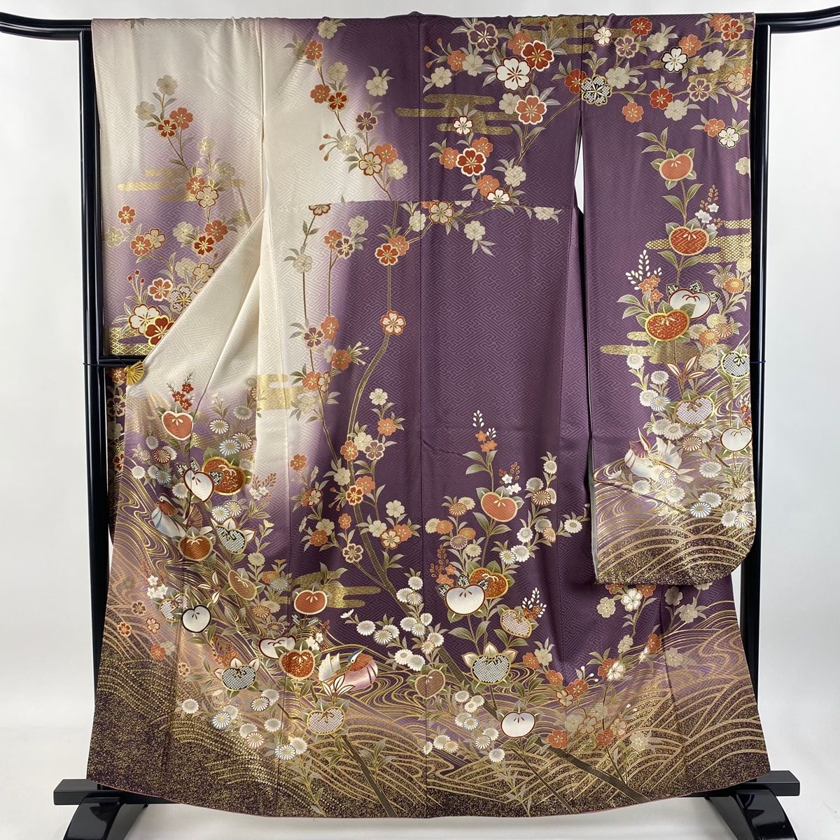 振袖 身丈161cm 裄丈66cm M 袷 橘 鴛鴦 金彩 ぼかし 紫 正絹 秀品