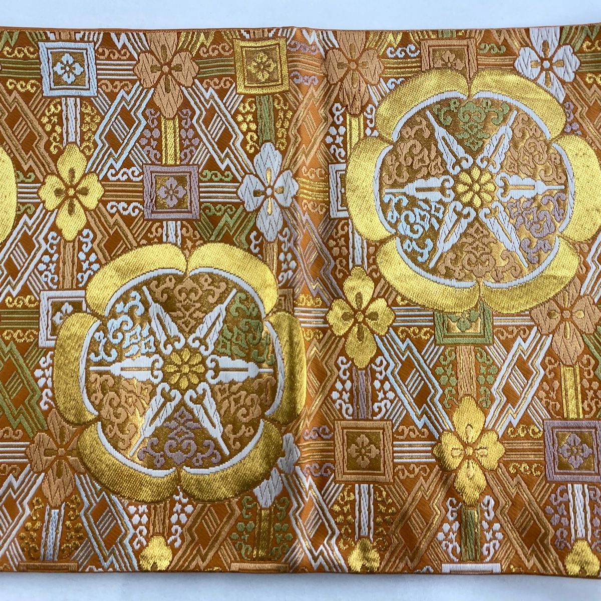 袋帯 秀品 落款 本家加納 華文 花菱 唐織 金糸 オレンジ 六通 正絹