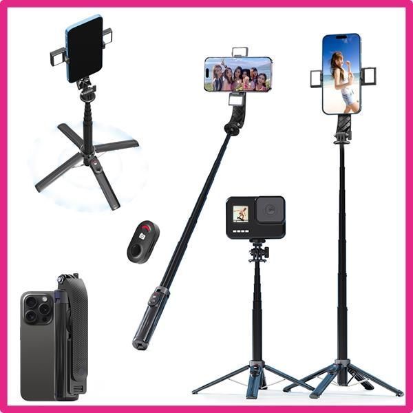 [新品・未使用]MEIRRAI 自撮り棒 ライト付き コンパクト セルカ棒 軽量 じどり棒 安定した四つ足 selfie stick 無線リモコン付き 折りたたみ 8段伸縮 360度回転 スマホスタンド デジカメ兼用 iphone android 対応 ジド