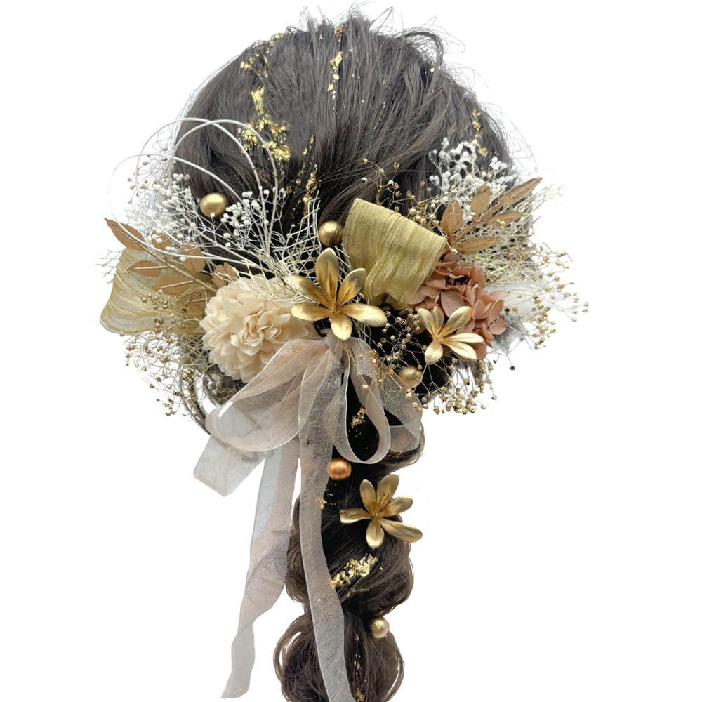 【赤字超特価，大得価】 ネット ベリー チュールリボン 和装 ヘアアレンジ 結婚式 カスミ草 ゴールド ロングヘア 入学式 卒業式 紫陽花 A24110002-01 前撮り 成人式 髪飾り 和装小物