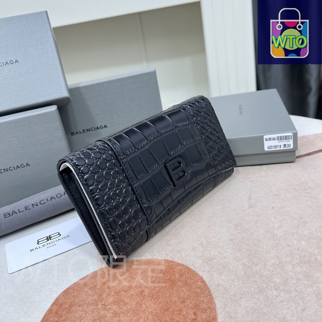 絶対にお買得! 今日 Balenciaga ラージウォレット クロコダイルエンボス加工 ブラック 大容量で実用的なデザイン | ♥品
