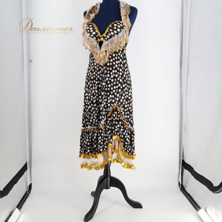 ベリーダンス 衣装 ワンピース ドレス ブラック系 黒 ゴールド系 スパンコールラメ ビーズ レース フリル 水玉模様 柄 舞台 発表会 イベント ベリーダンス衣装 おしゃれ 可愛い フリルドレス スパンコールドレス イベント衣装 女性用 コスチューム
