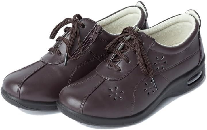 Ys factory ウォーキングシューズ レディース コンフォートシューズ レザー風 ３E レースアップシューズ ファスナー付き 甲高 幅広 厚底 エアークッション 軽い 脱ぎ履き おでかけ( ダークブラウンC,  24.0 cm 3E)