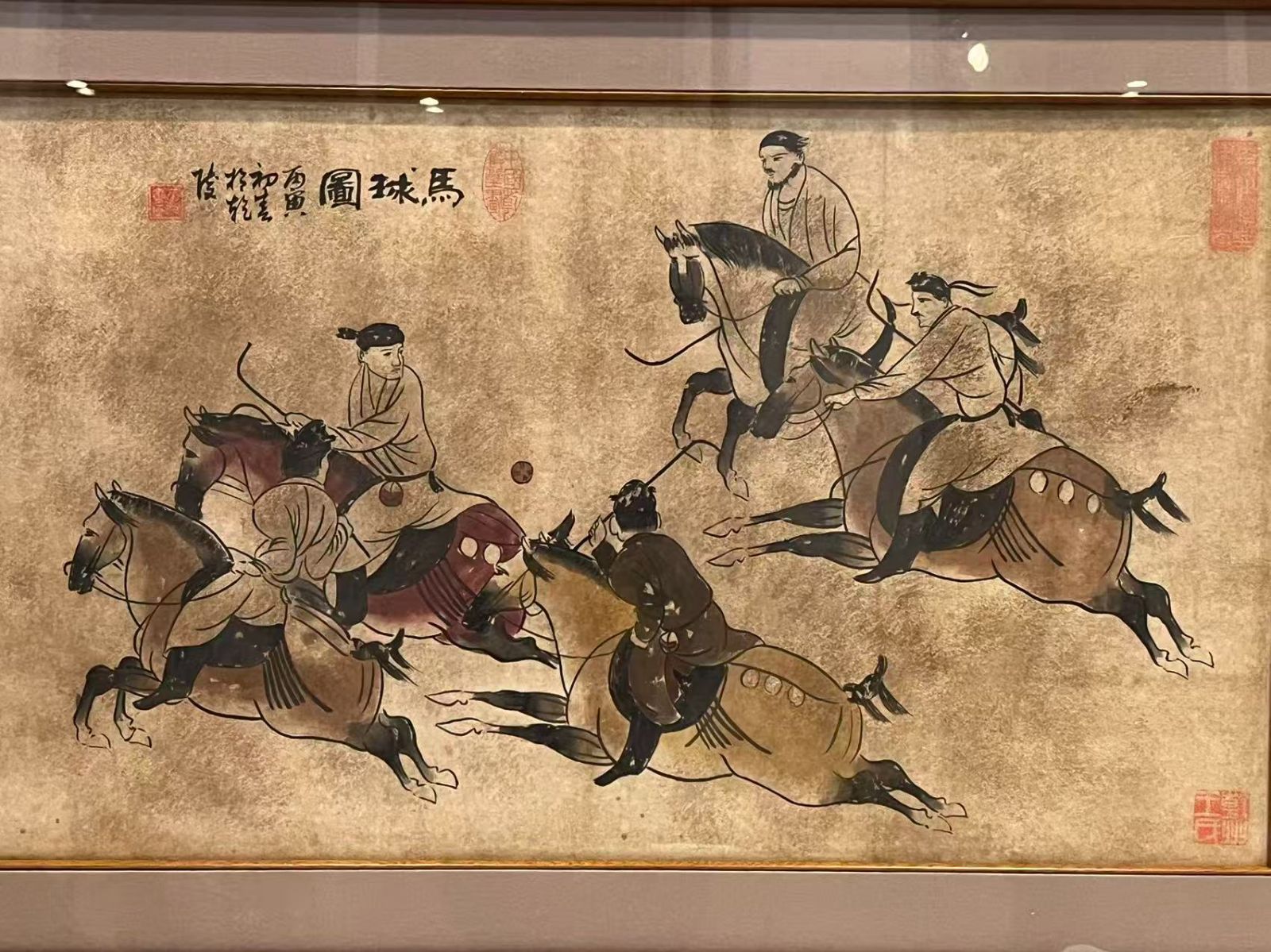 馬球図 馬球圖 唐風騎馬 丙寅初春於乾陵 伝統絵画 額装 中国風俗 中國壁畫 古典芸術 本紙サイズ約41.5×70cm