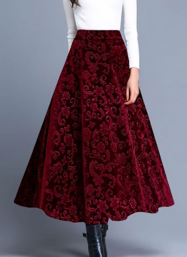 【レッド】フレアスカート ロングスカート フレア レディース ロング丈 ベロア調 ジャカード 花柄 体型カバー 上品 きれいめ 秋冬 通勤 デート エレガント ファッション