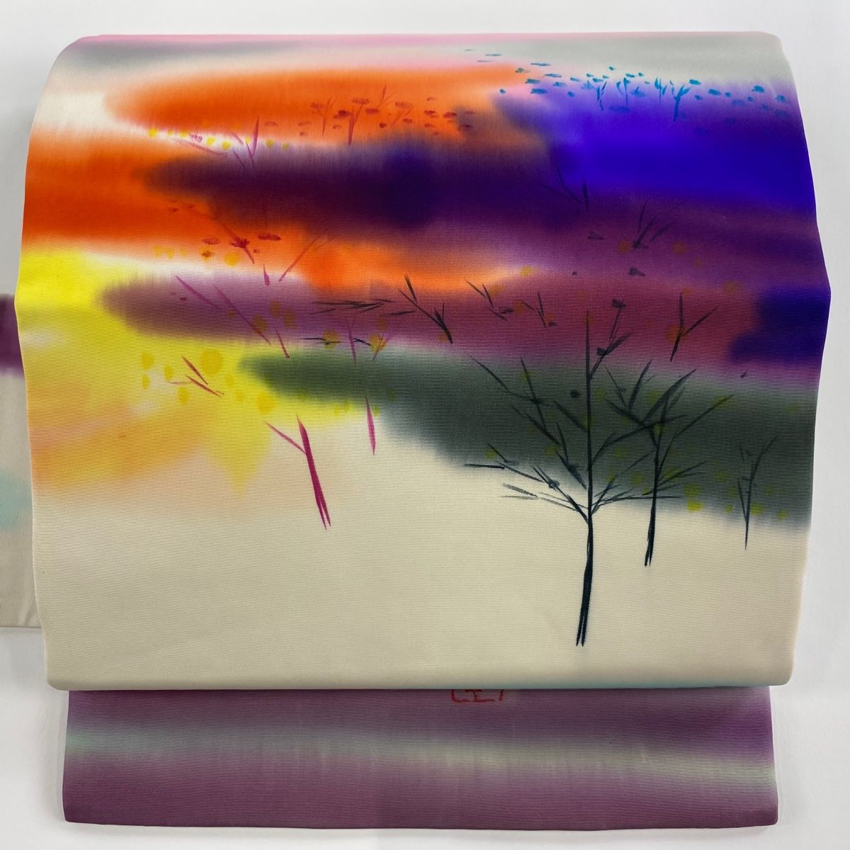 名古屋帯 秀品 落款 樹木 霞 濃紫 正絹