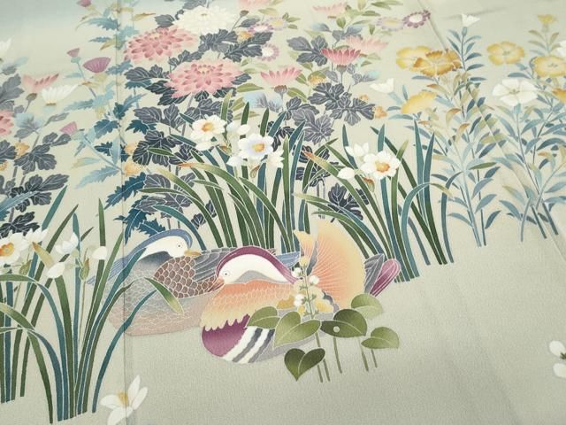 平和屋着物○訪問着 友禅 作家物 鴛鴦草花文 暈し染め 正絹 逸品