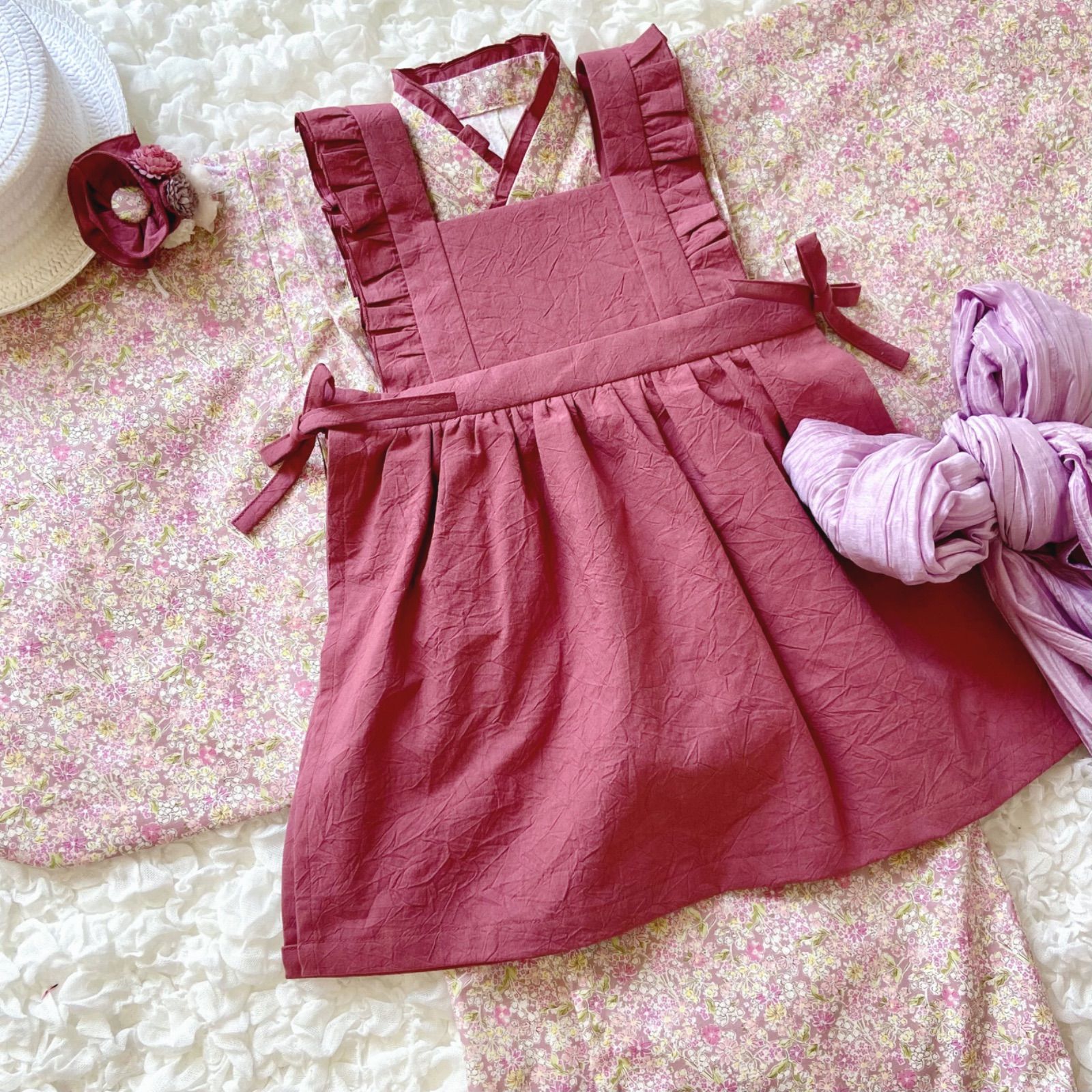 3歳お着物＆被布エプロンセット　花柄×ローズピンク　ハンドメイド