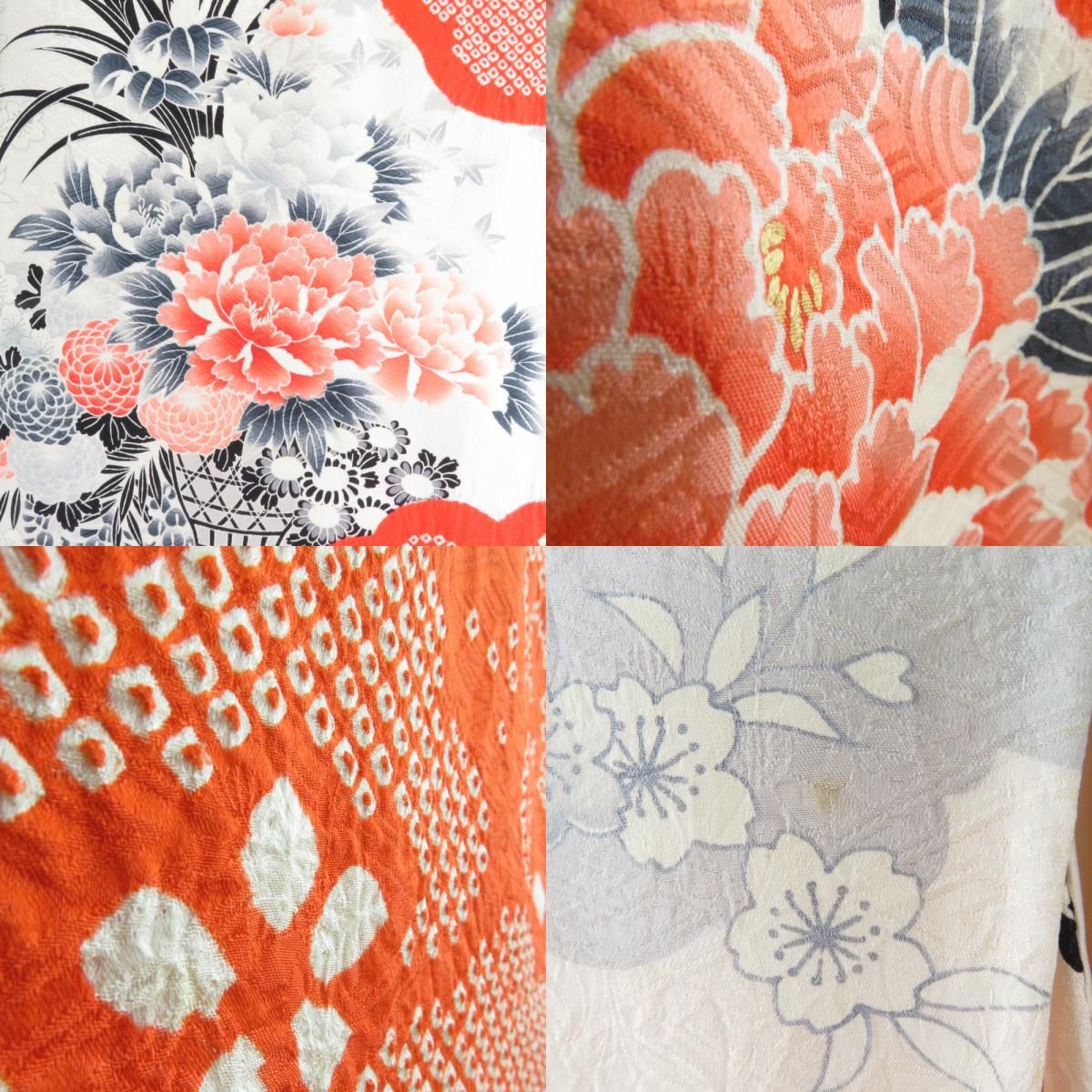 振袖 正絹 オレンジｘ白 絞り 花々紋様 袷 広衿 成人式 卒業式 舞台衣装 フォーマル 仕立上り 着物 身丈155cm 【キモノオフ野々市若松店】 振袖 正絹 オレンジx白 絞り 花々紋様 袷 広衿 成人式 卒業式 舞台