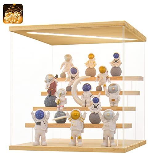 FP98786 木色_5階式 30*28*30cm GieniG LEDフィギュアケース アクリル製 ディスプレイケース コレクションケース 組み立て 簡単 防汚れ 手袋 クリーニング クロス付き アクリルケース お手入れ方法 