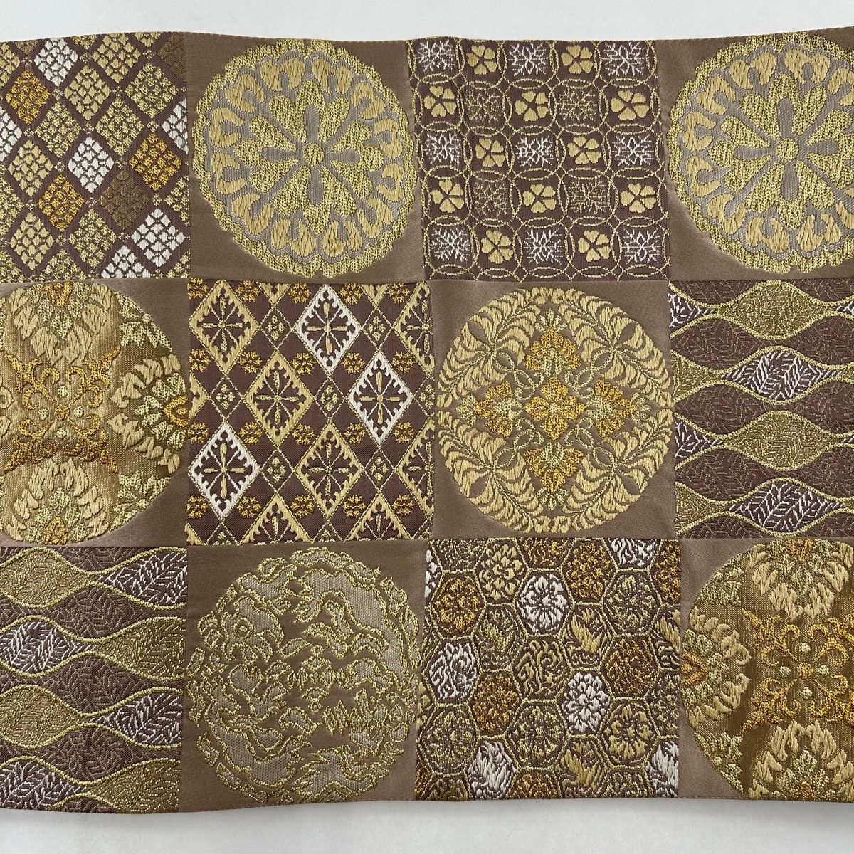 袋帯 美品 秀品 市松 有職文様 金糸 箔 薄茶色 六通 正絹 【中古