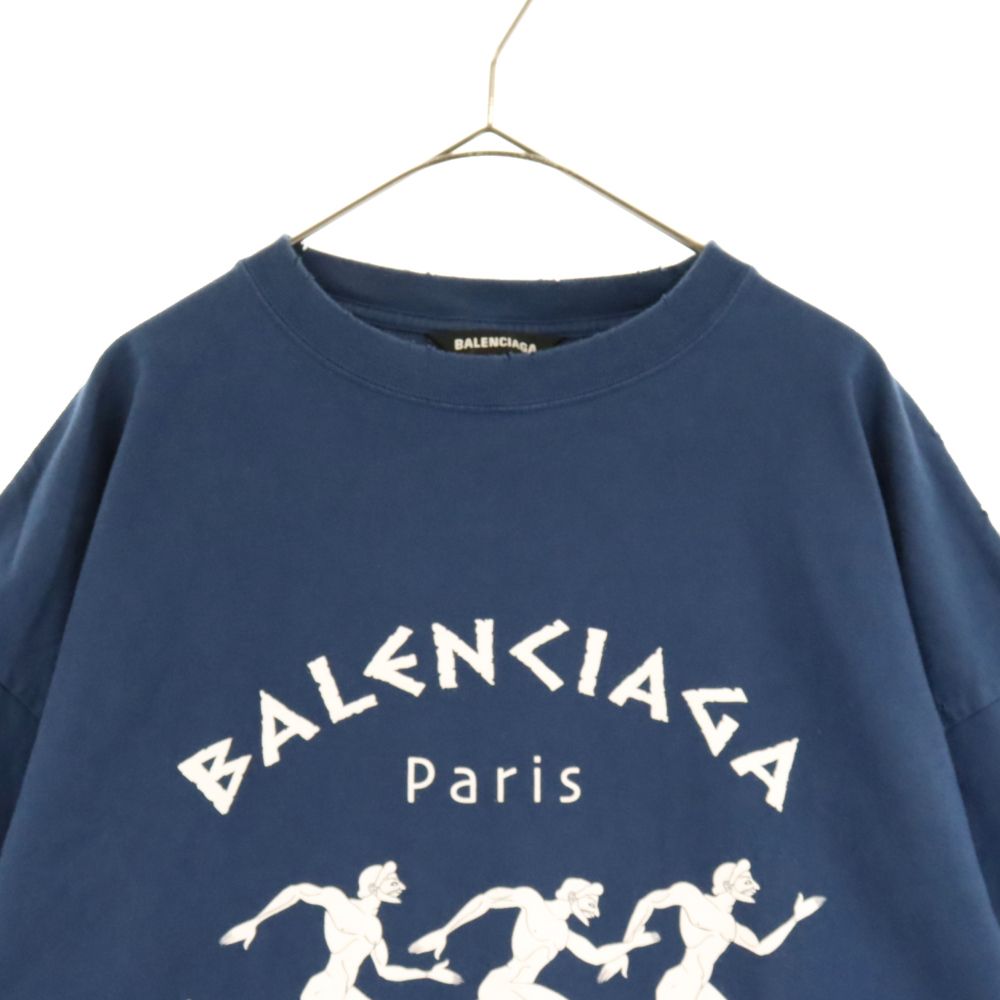 BALENCIAGA (バレンシアガ) 21SS BLCG Athletes Print Tee ダメージ加工 マラソン 半袖Tシャツ カットソー  ネイビー 641614 TJVK6