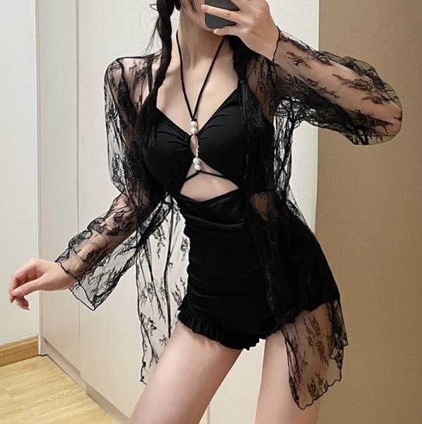 水着 モノキニ 三角ビキニ セクシービキニ レースカーディガン付 ホルターネック パッド付き 紐 三角 刺繍 フリル バックリボン 切り替えデザイン 盛れる セット かわいい 大人可愛い セクシー ゴージャス 華やか 大人 大人っぽい おしゃれ お洒落 かっこいい エスニック 水着 モノキニ 三角ビキニ セクシービキニ レースカーディガン付