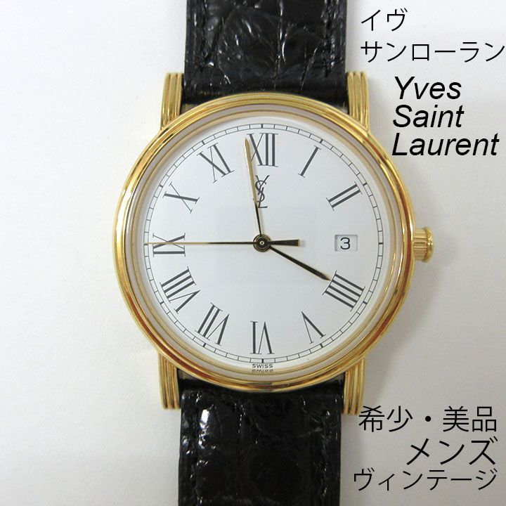 品 YSL イヴサンローラン Yves Saint Laurent ヴィンテージ 稼働品 メンズ腕時計 02D ゴールドケース黒ストラップ