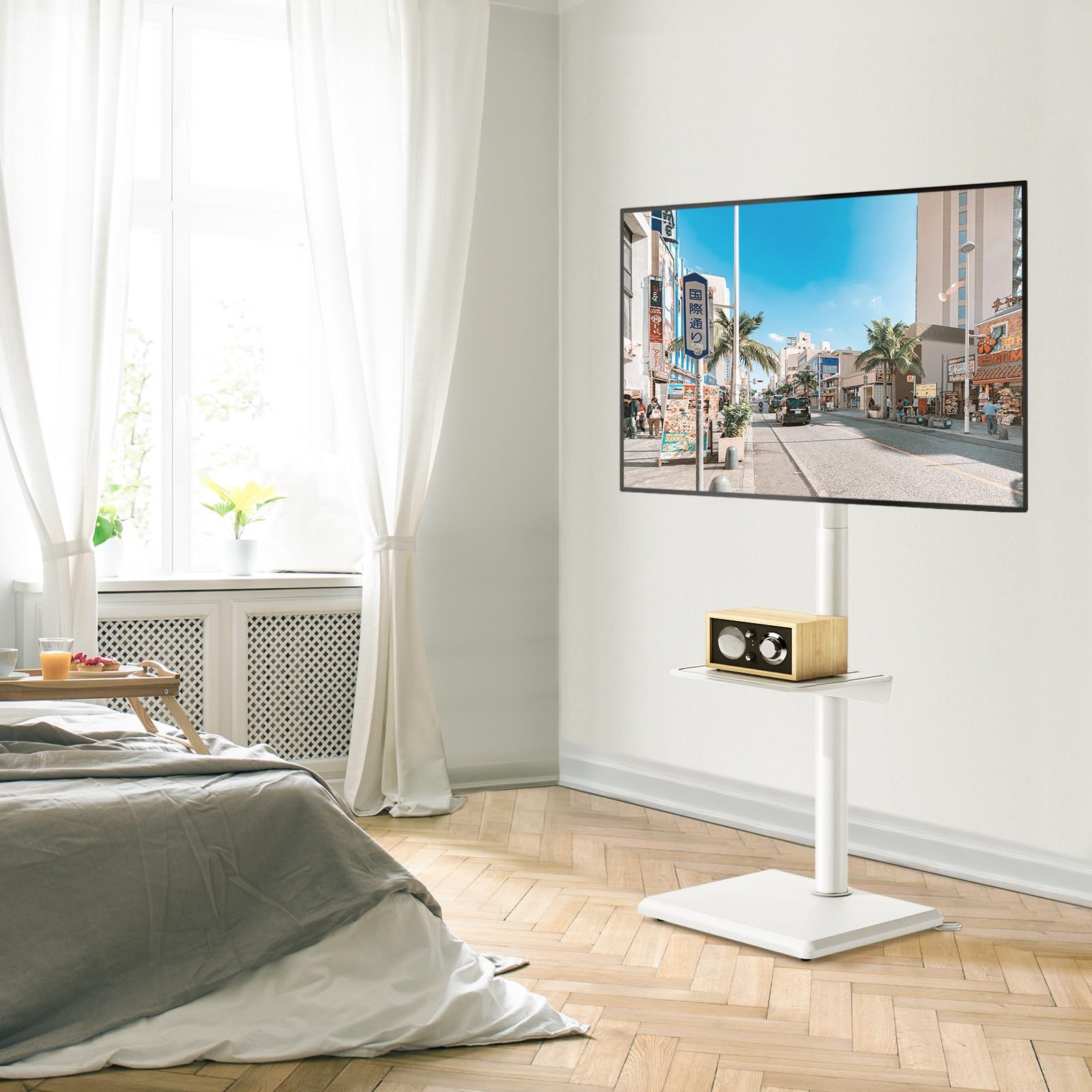 Rfiver テレビスタンド ハイタイプ tvスタンド 27 55インチ対応 壁寄せ テレビ台 VESA 横100～400 ㎜ 縦100～400 ㎜ 木製台座 耐荷重40 kg 高さ調整 左右回転35° 家用 会社用 ホワイト