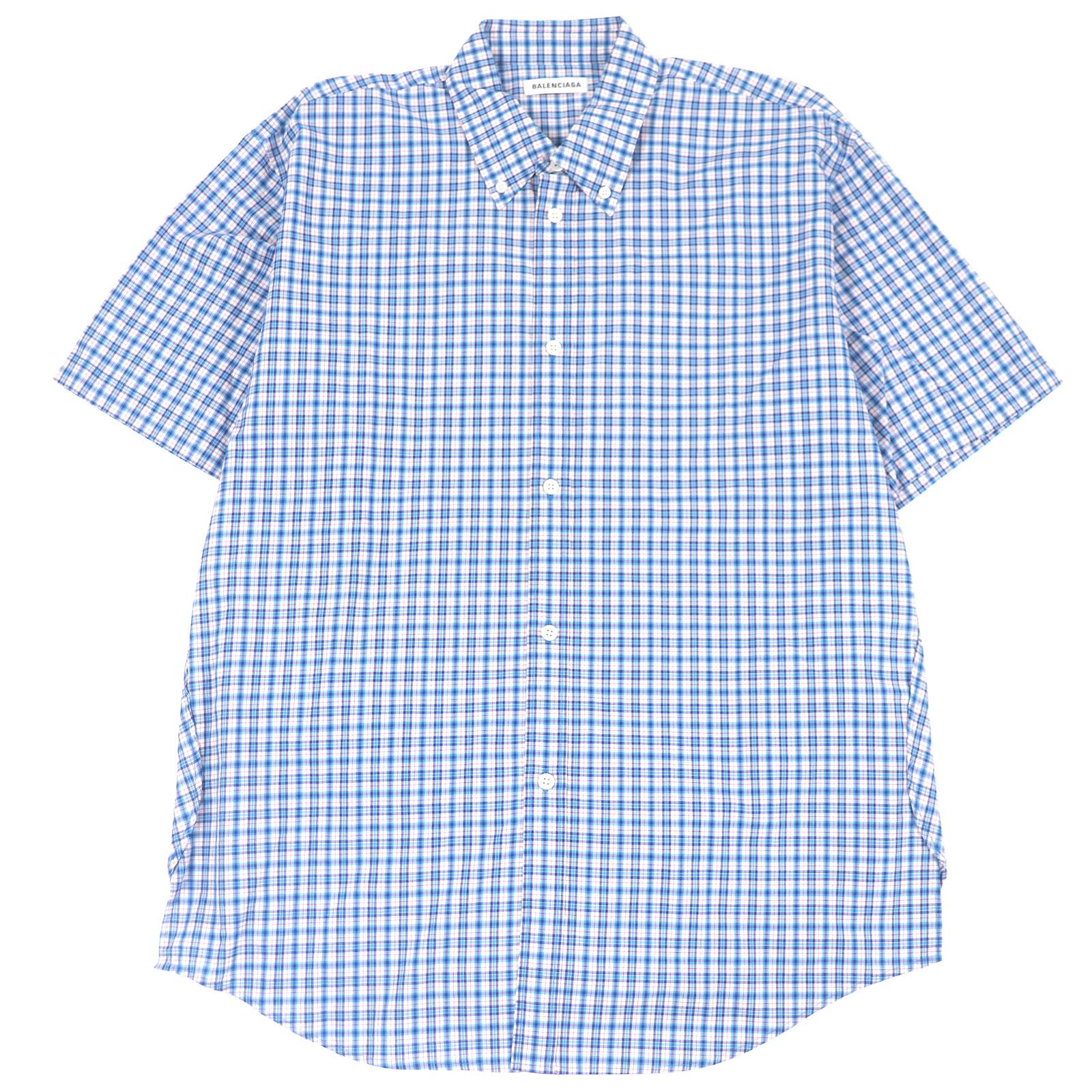 □BALENCIAGA バレンシアガ 517910 コットン100％ チェック柄 ボタンダウン ロゴボタン ショートスリーブ 半袖シャツ ブルー 38 フランス製 メンズ