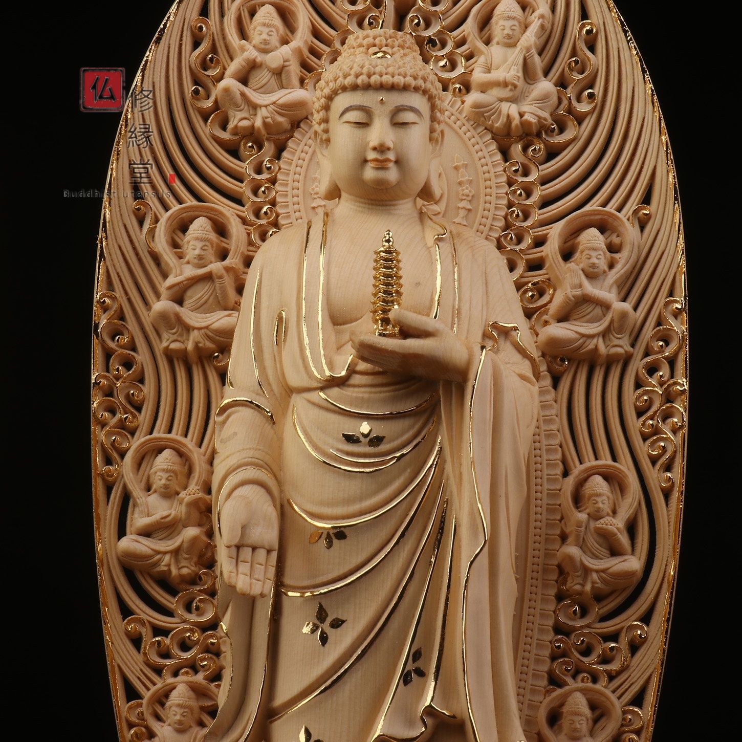 修縁堂】最高級 木彫り 仏像 薬師如来三尊立像 本金 切金 彫刻 天然木