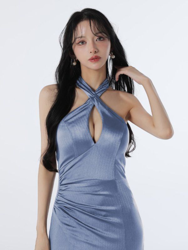  ブルー GL 3948-BL-2508 Lサイズあり Glossy グロッシー クロスホルター ストレッチサテン マーメイド ロングドレス キャバドレス ナイトドレス キャバドレス ドレス ブライダル