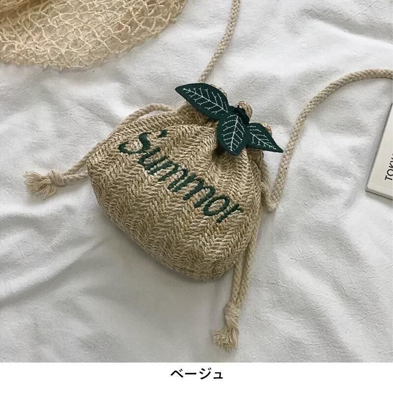 ショルダーバッグ 葉っぱ モチーフ 巾着 かごバッグ ポーチ summer 刺繍 リゾート 夏バッグ ざっくり 素朴 おしゃれ かわいい 肩掛け 斜め掛け 手提げ キッズ 子