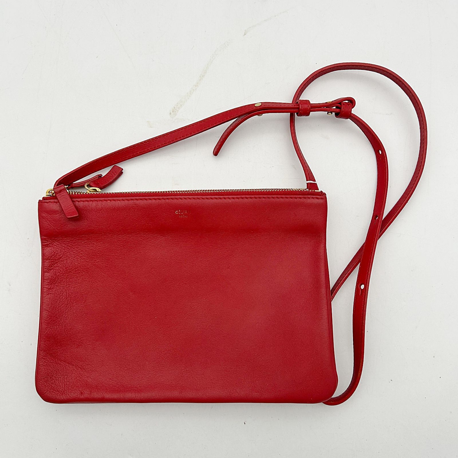CELINE セリーヌ Trio トリオ Red 赤 レザー ショルダーバッグ CELINE - 本物 セリーヌ CELINE トリオ ラージ ショルダーバッグ