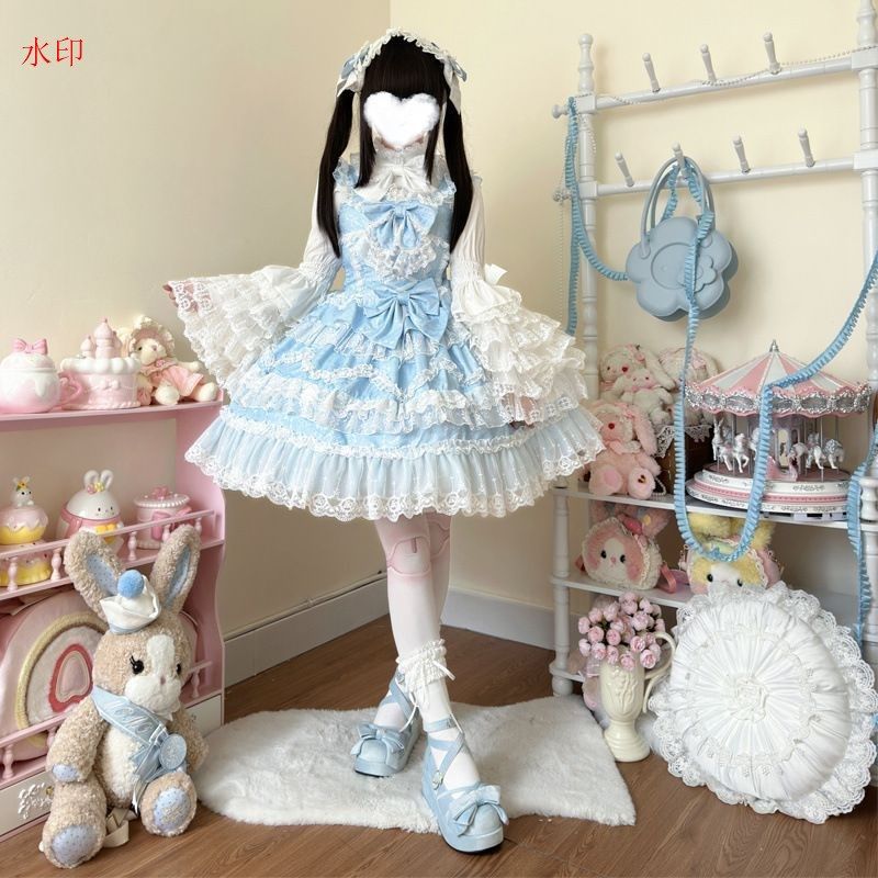 JSK オリジナルデザイン ストラップドレス 豪華ロリータ洋装 花嫁スタイル ジャンパースカート カワイイ コスプレ ロリータ ハロウィン コスプレ衣装 キャラクター衣装 コスチューム ゴスロリ メイド喫茶 メイドカフェ 仮装 メイド喫茶 撮影 ブルー