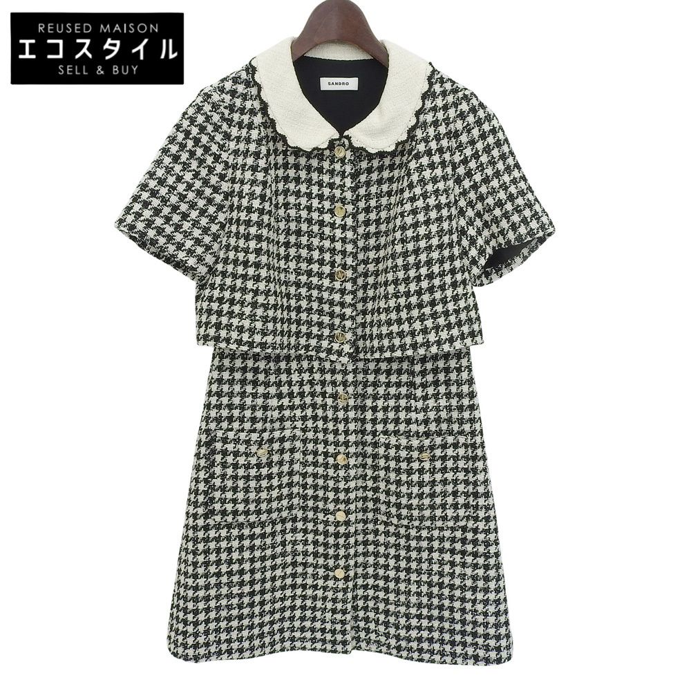 sandro サンドロ ツイード トロンプ ルイユドレス ワンピース レディース ホワイト ブラック 34 SFPRO02482-107 34