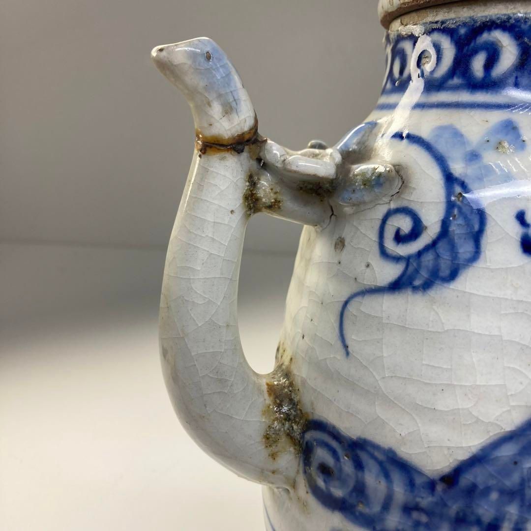 江戸後期 瑞芝焼 染付 水次 タトチ 高さ22㎝(蓋込) 東な6-0624②