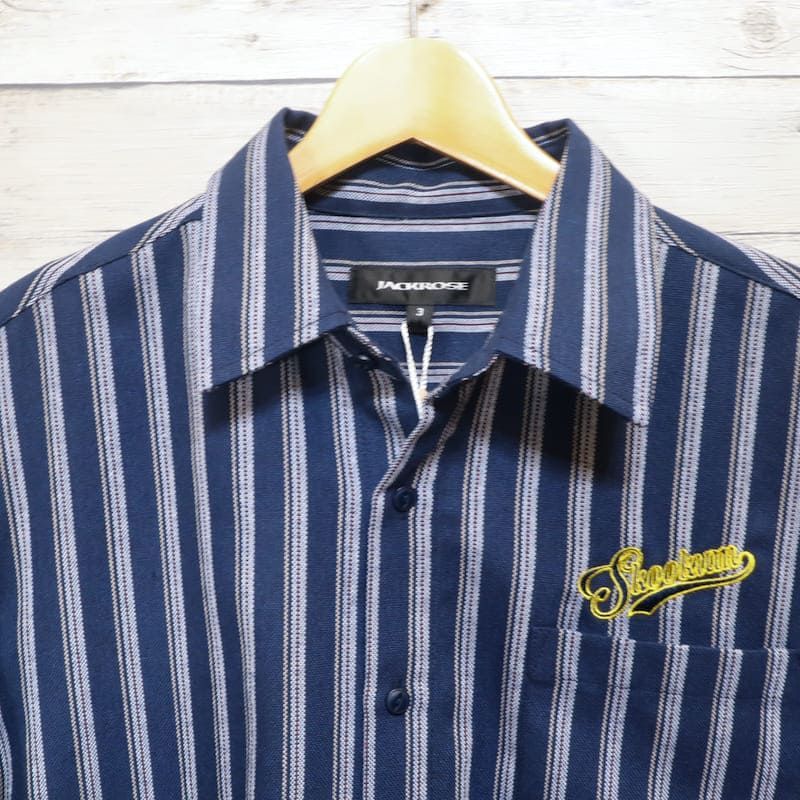 希少 JACKROSE スクーカム 半袖シャツ ストライプ 刺繍ロゴ 白 紺 L 新品 メンズ スクーカム SKOOKUM JACKROSE ジャックローズ
