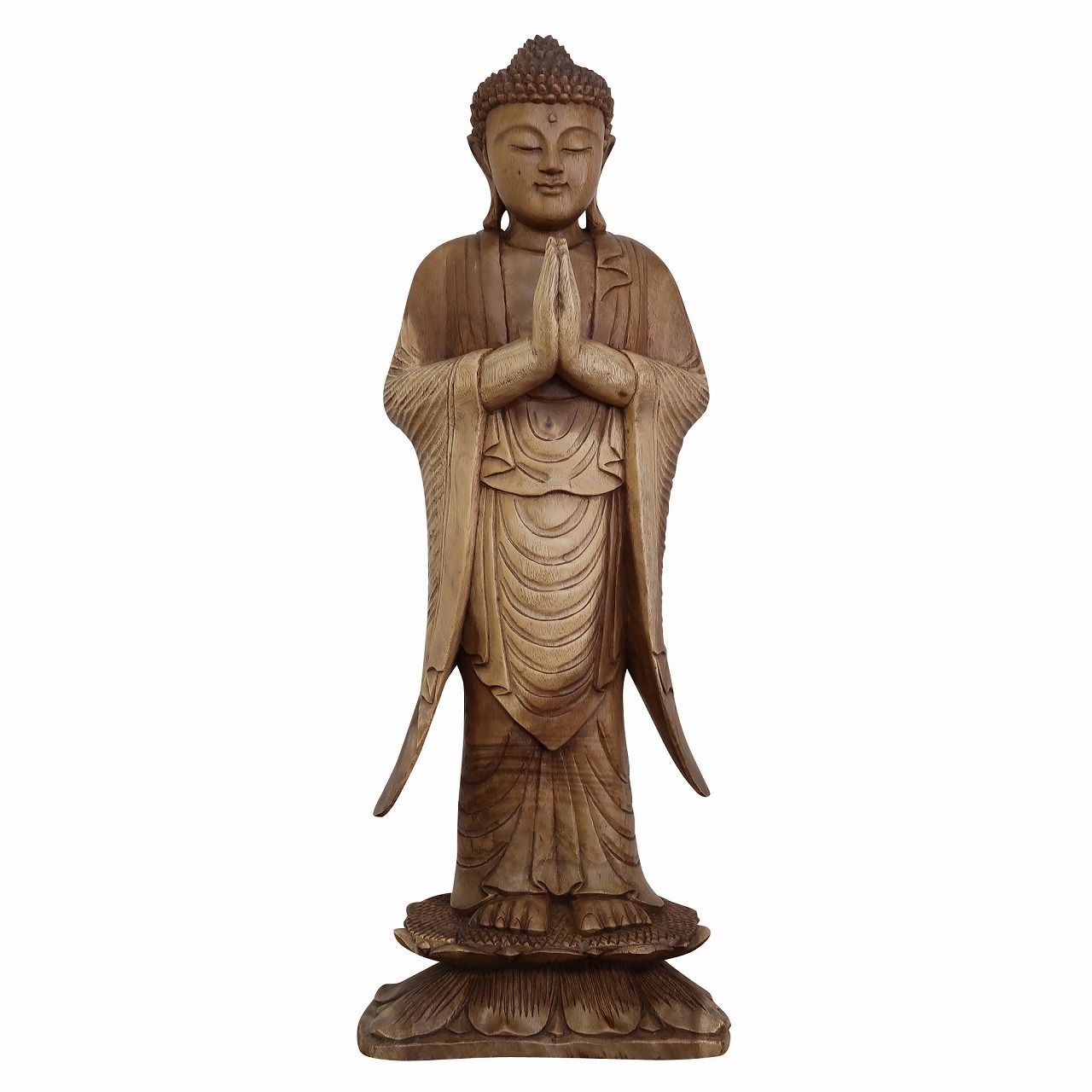暴風雪の影響 ブッダの木彫り 立像 合掌 80cm スワール無垢材 木製仏像