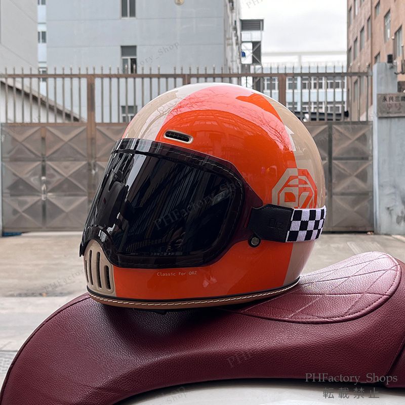 レトロヘルメット クラシック フルフェイスヘルメット ゴーグルが付き バイクヘルメット DOT認定 耐久性 安全性 通気性 男女兼用 オレンジ＆ベージュ A172