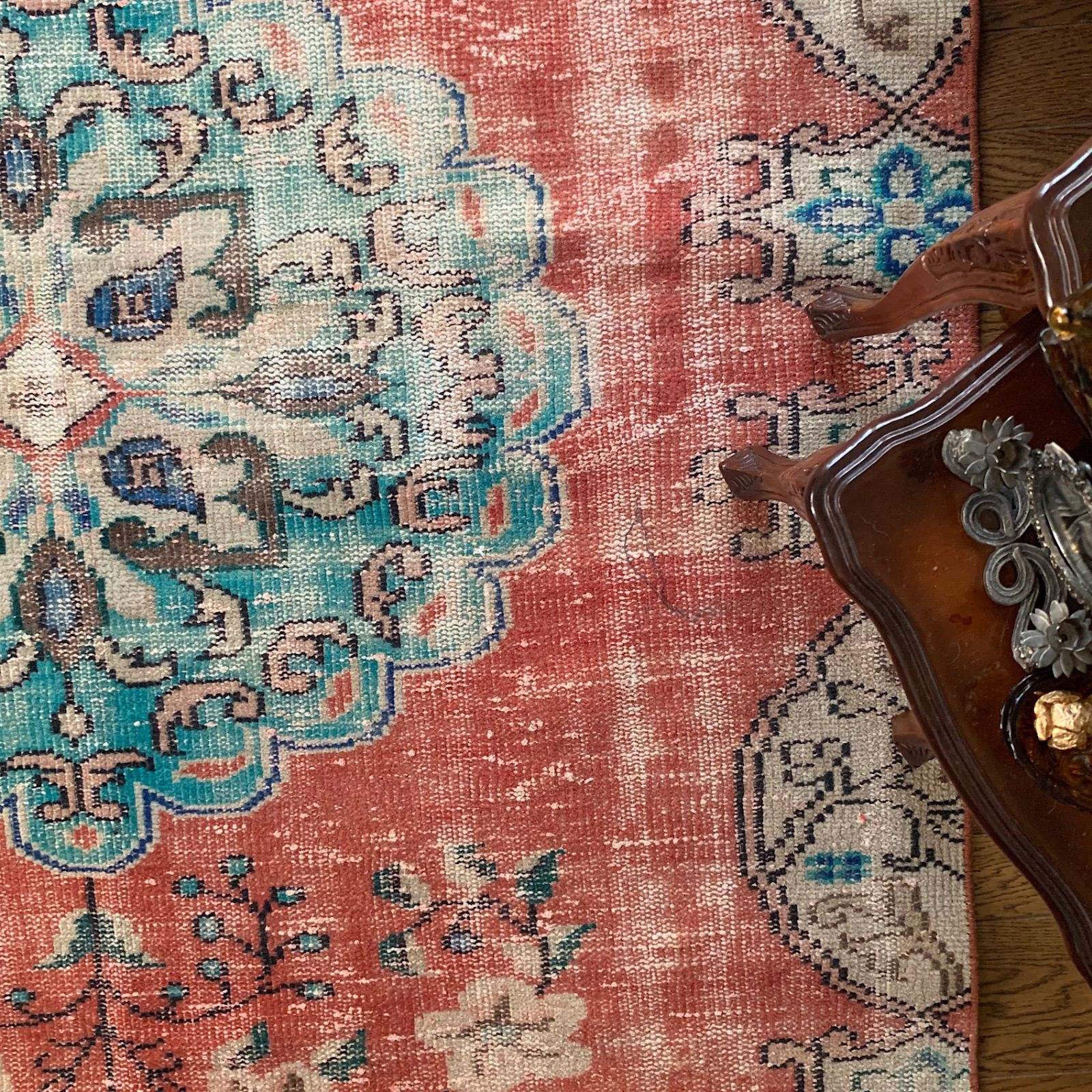 超超大判✳︎上品ベージュ＆ピンク　フローラル柄　グリーン　トルコヴィンテージラグ Antiques&Crafts880