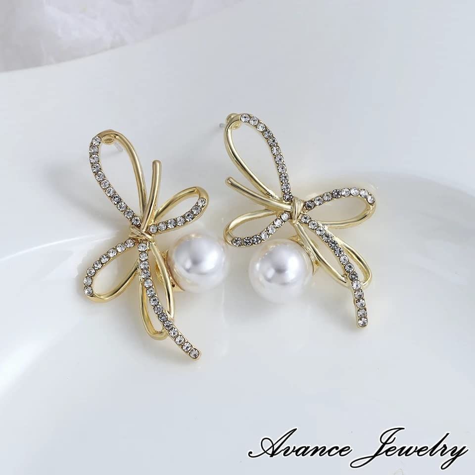 ゴールド Avance りぼん ストーン パール ピアス ゴールド 人気 可愛い