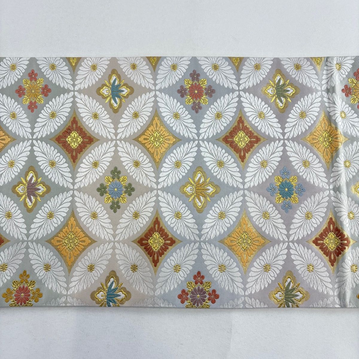 袋帯 美品 名品 七宝 花菱 唐織 箔 灰白 六通 正絹 【中古
