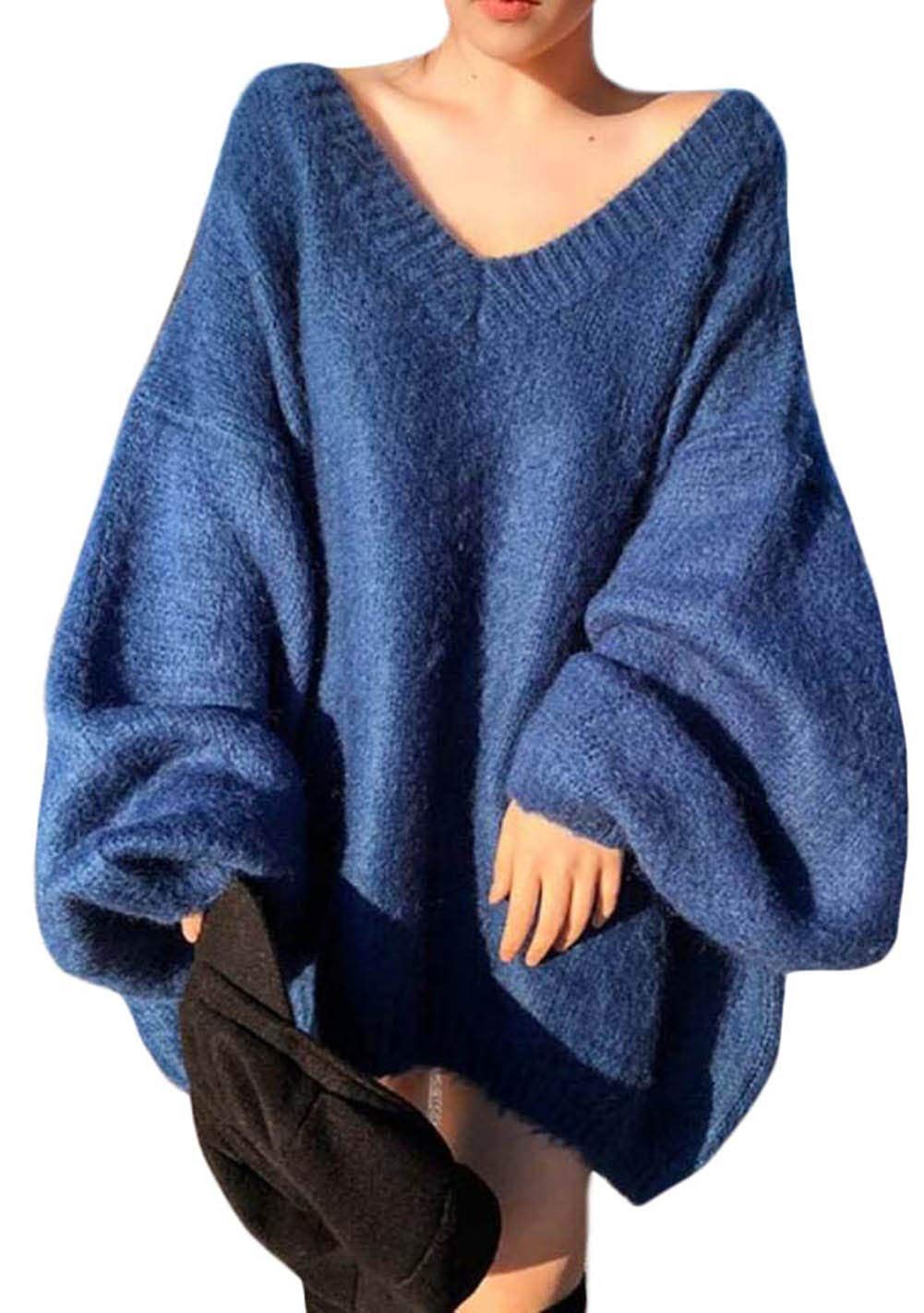 Size Free Size_Color ブルー Bestmood ニットセーター レディース Vネック 長袖 ゆったり プルオーバー ニット モヘア ジャギー セーター ふわふわ 肩出し ファッション トップス 暖かい かわいい 秋 冬 大きいサイズ fr