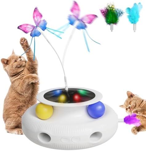 NUYIERA 猫 玩具 一人遊び 猫 おもちゃ 4in1猫じゃらし 蝶々回転|猫ボール|羽根飛び出し|LEDライト付き 電動 自動 猫用 ねこ 知育玩具 ランキング 人気 飽きない 室内 寂しさ解消 ストレス解消
