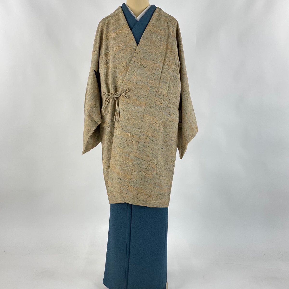 道中着 身丈93cm 裄丈63cm S 和装コート 陶彩染 鈴乃屋 幾何学模様 ベージュ 正絹 秀品