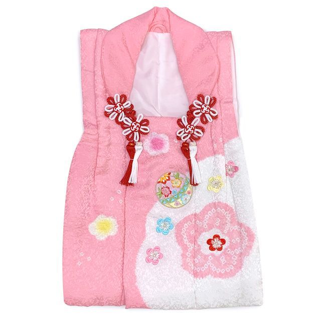 七五三 三歳 女の子 被布セット 正絹被布コート 草履 巾着 足袋 4点コーデセット ピンク 鞠と梅 IHF 178 4 set 01