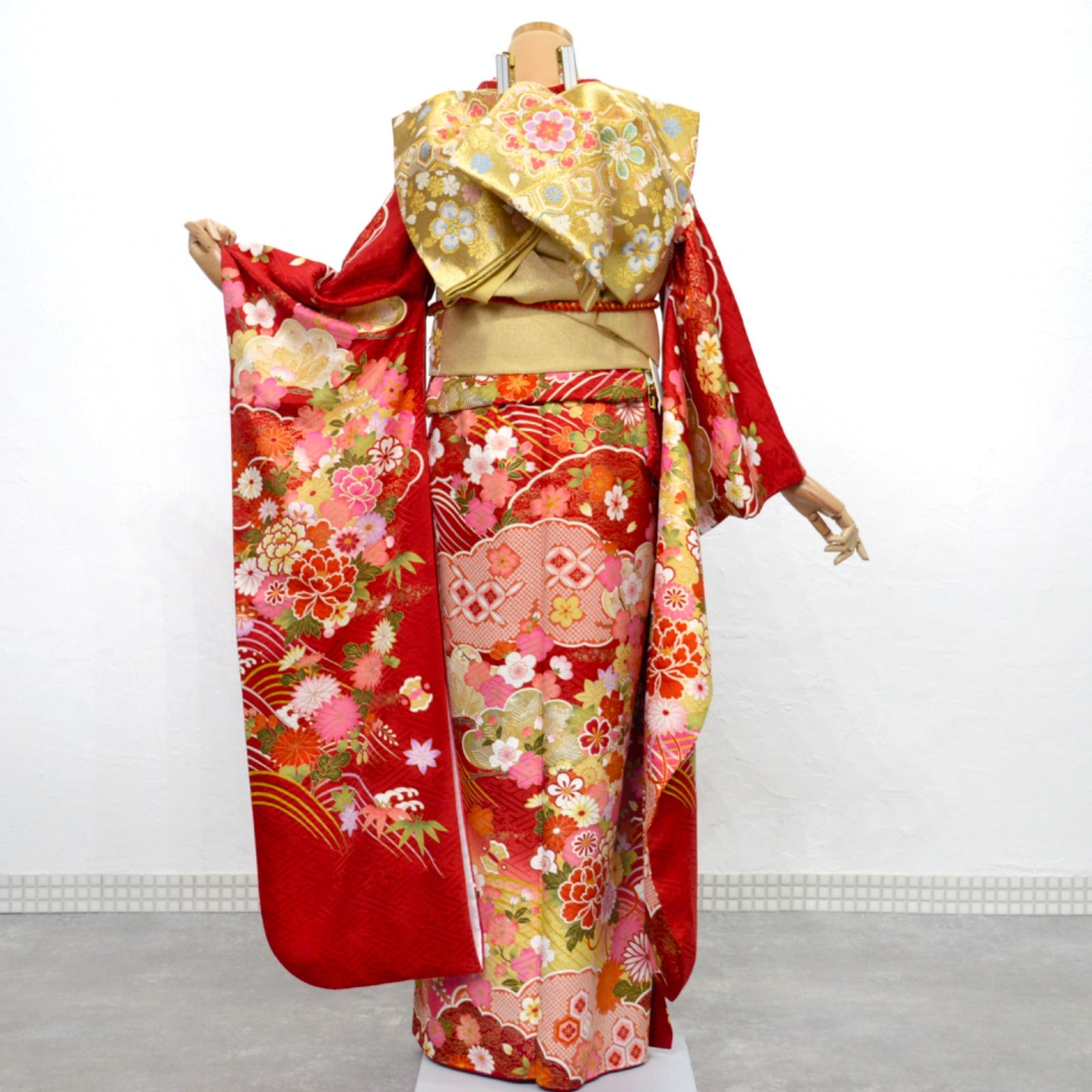 振袖フルセット 成人式 正絹 M〜Lサイズ 赤 オレンジ 古典 美品