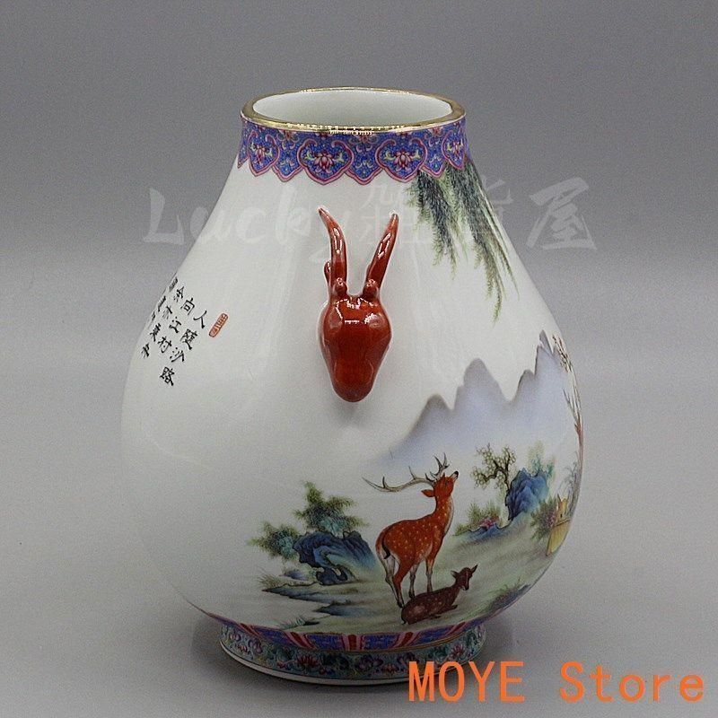中国美術 両耳鹿頭福筒 開運 風水招財 陶磁器 装飾品 現代工芸品 美術品 置物 中国美術 両耳鹿頭福筒 開運 風水招財 陶磁器 装飾品 現代工芸品