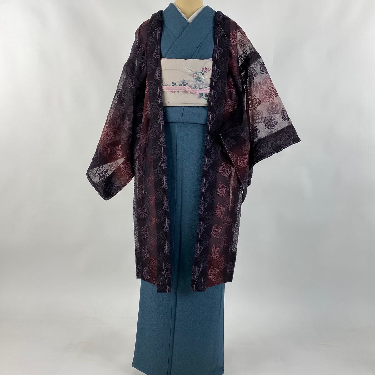 羽織 身丈106cm 裄丈70cm L 薔薇 刺繍 えんじ色 正絹