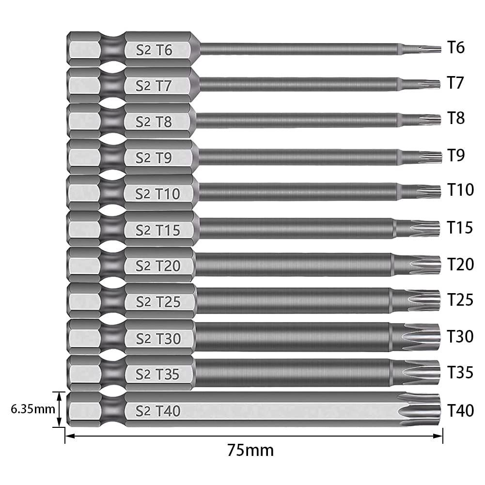  数量 トルクスドライバー 磁気 六角軸 6.35 mm 75 1 4 S 2合金鋼 11本組 T 6-T 40 トルクス星ネジ用ビットセット Kigauru ドリル ビット工具 ドライバービット ドライバー