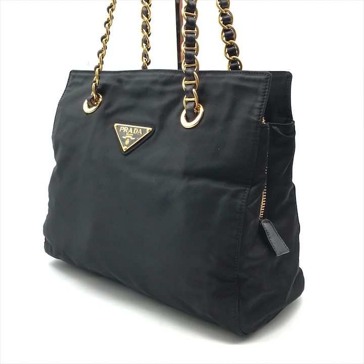 【確実正規品】【美品】PRADA 黒 ナイロン ハンドバッグ ゴールドチェーン 美品 PRADA プラダ ナイロン テスート 三角ロゴ ゴールド 金具