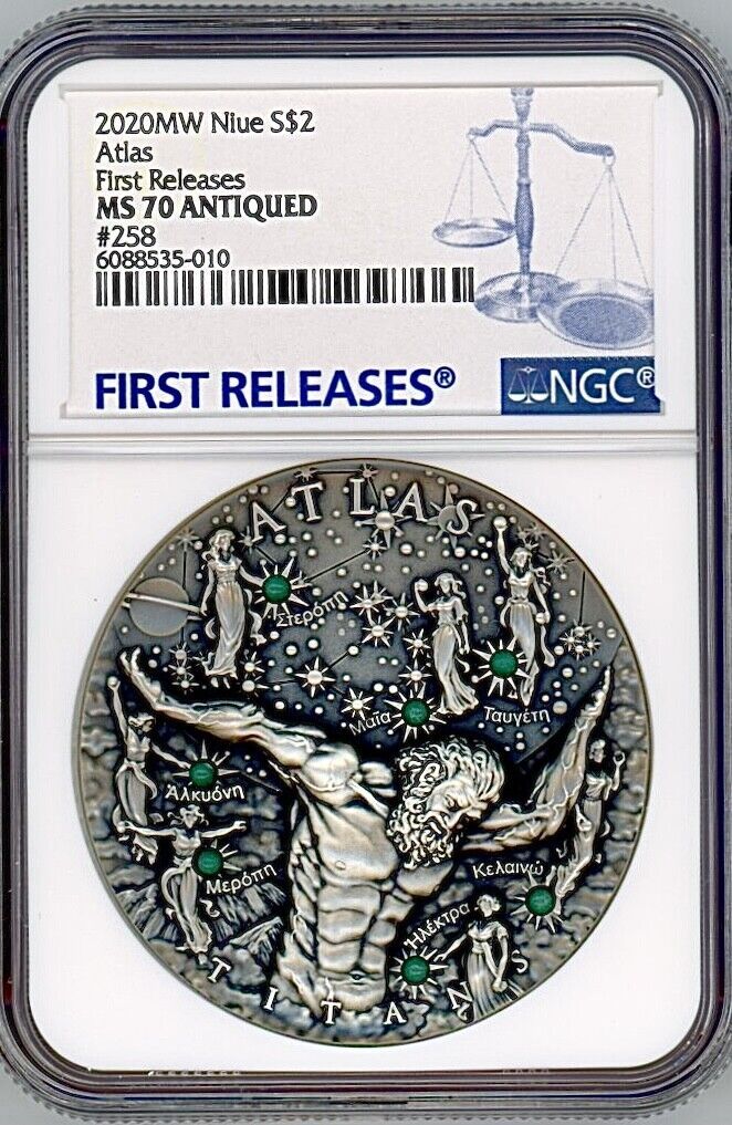 ATLAS TITANS GODS GLOW IN THE DARK 2020 2oz SILVER COIN NGC MS70 ANTIQUED FR