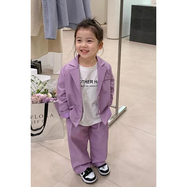 キッズ ダンス 衣装 セットアップ パンツスーツ ブレザー 長ズボン 卒業式 女の子 フォーマル 入学式 ベージュ パープル 紫 パンツセット